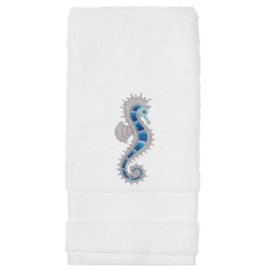 Embroidered Seahorse Bath Hand Towel. Gorgeous Ocean  Seahorse in Blue Shades