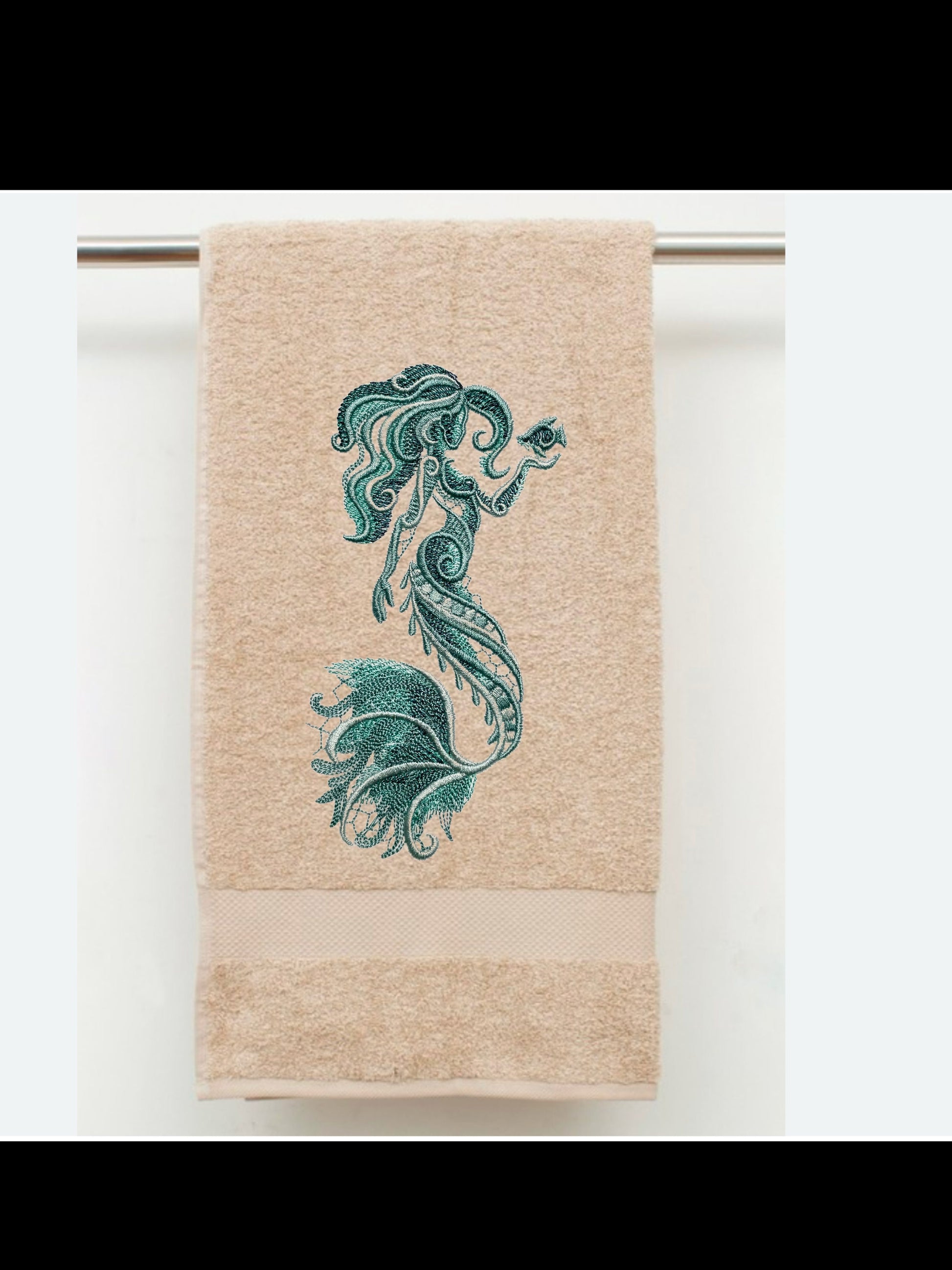 Embroidered Mermaid Hand Towel. Gorgeous Mermaid embroidered in beautiful ocean colors. Add a touch of coastal luxury to any bathroom.