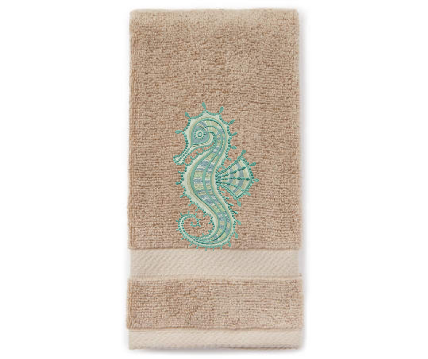 Seahorse Embroidered Bath Hand Towel. Gorgeous Ocean  Seahorse in Green Shades
