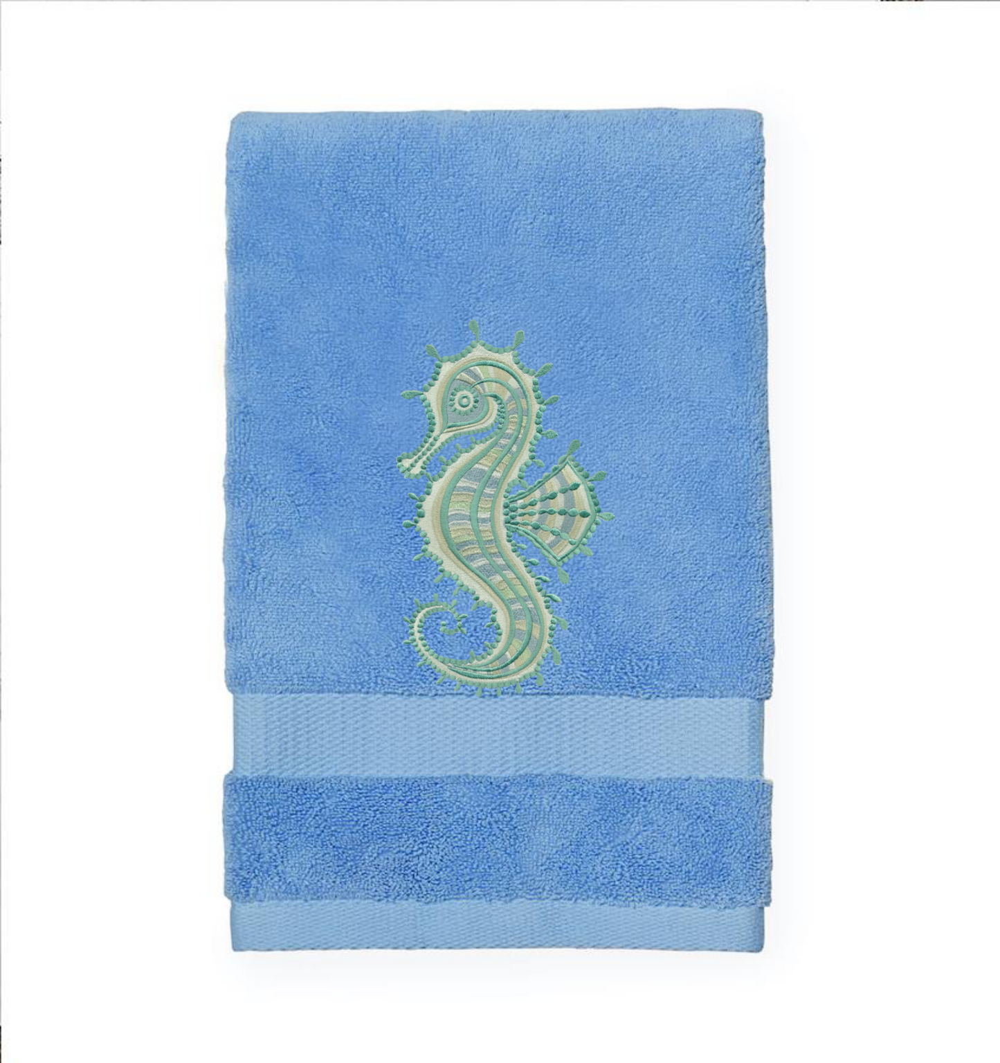 Seahorse Embroidered Bath Hand Towel. Gorgeous Ocean  Seahorse in Green Shades