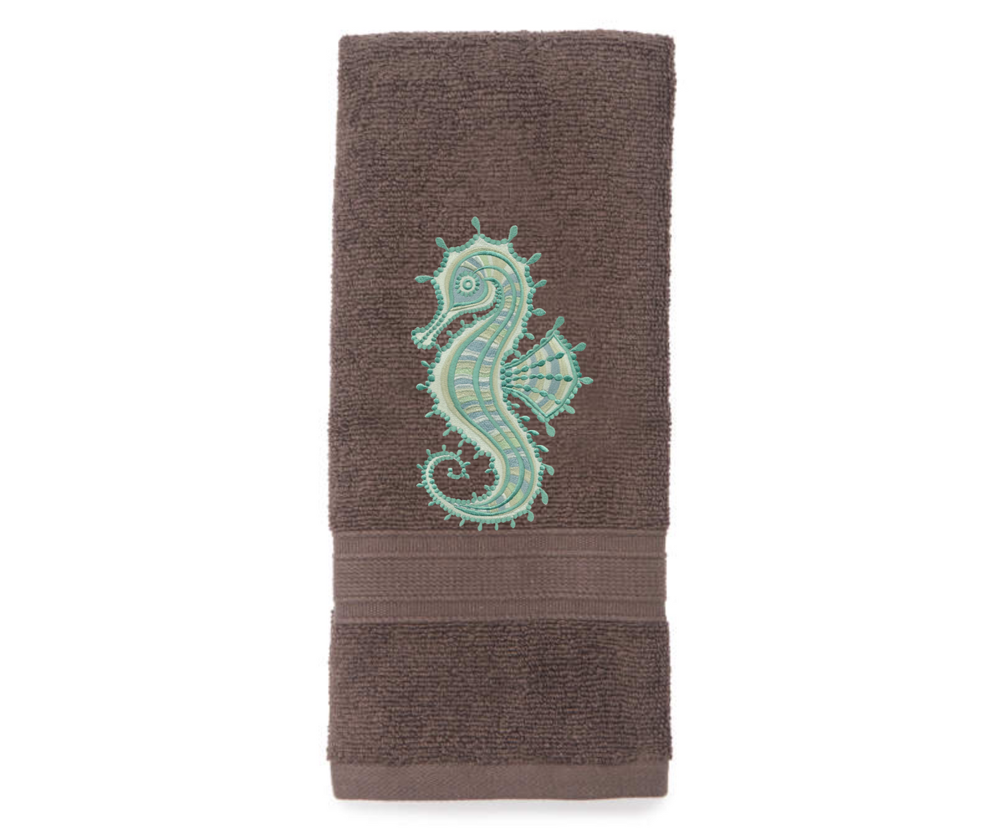 Seahorse Embroidered Bath Hand Towel. Gorgeous Ocean  Seahorse in Green Shades