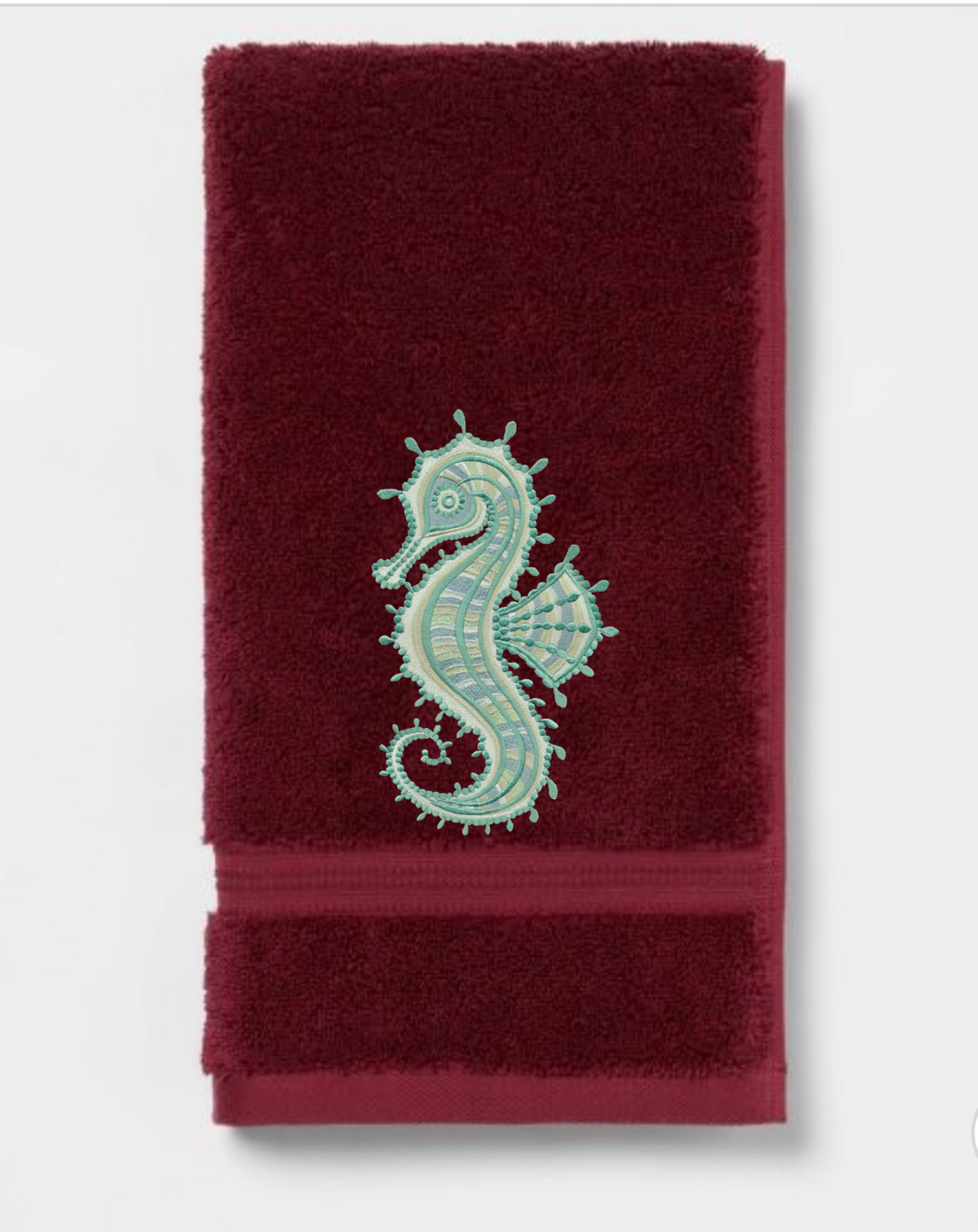 Seahorse Embroidered Bath Hand Towel. Gorgeous Ocean  Seahorse in Green Shades