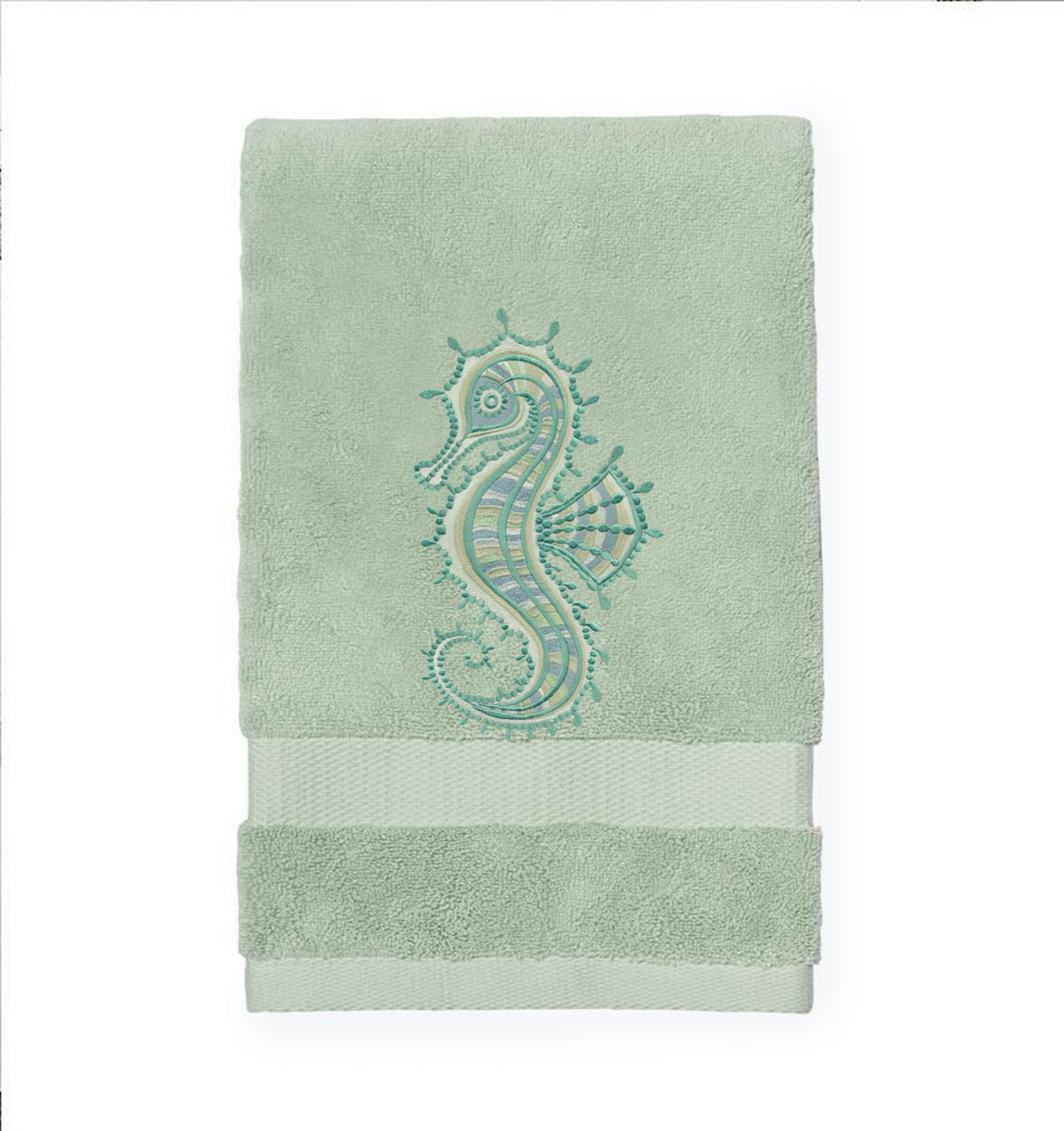 Seahorse Embroidered Bath Hand Towel. Gorgeous Ocean  Seahorse in Green Shades