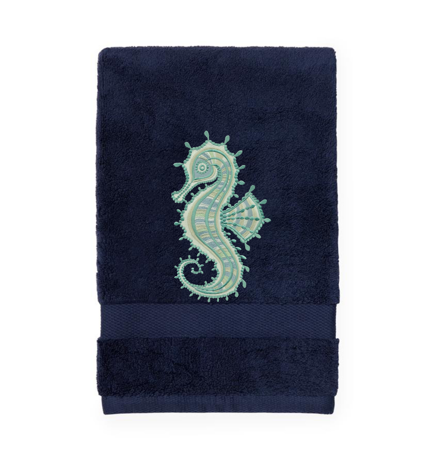 Seahorse Embroidered Bath Hand Towel. Gorgeous Ocean  Seahorse in Green Shades