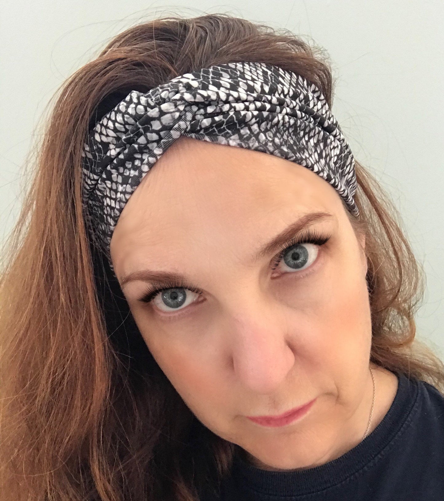 Black and Gray Snakeskin Pattern Lycra Headband, Reversible Faux Knot, Super Stretchy, Comfortable and Quick Drying. Made in USA