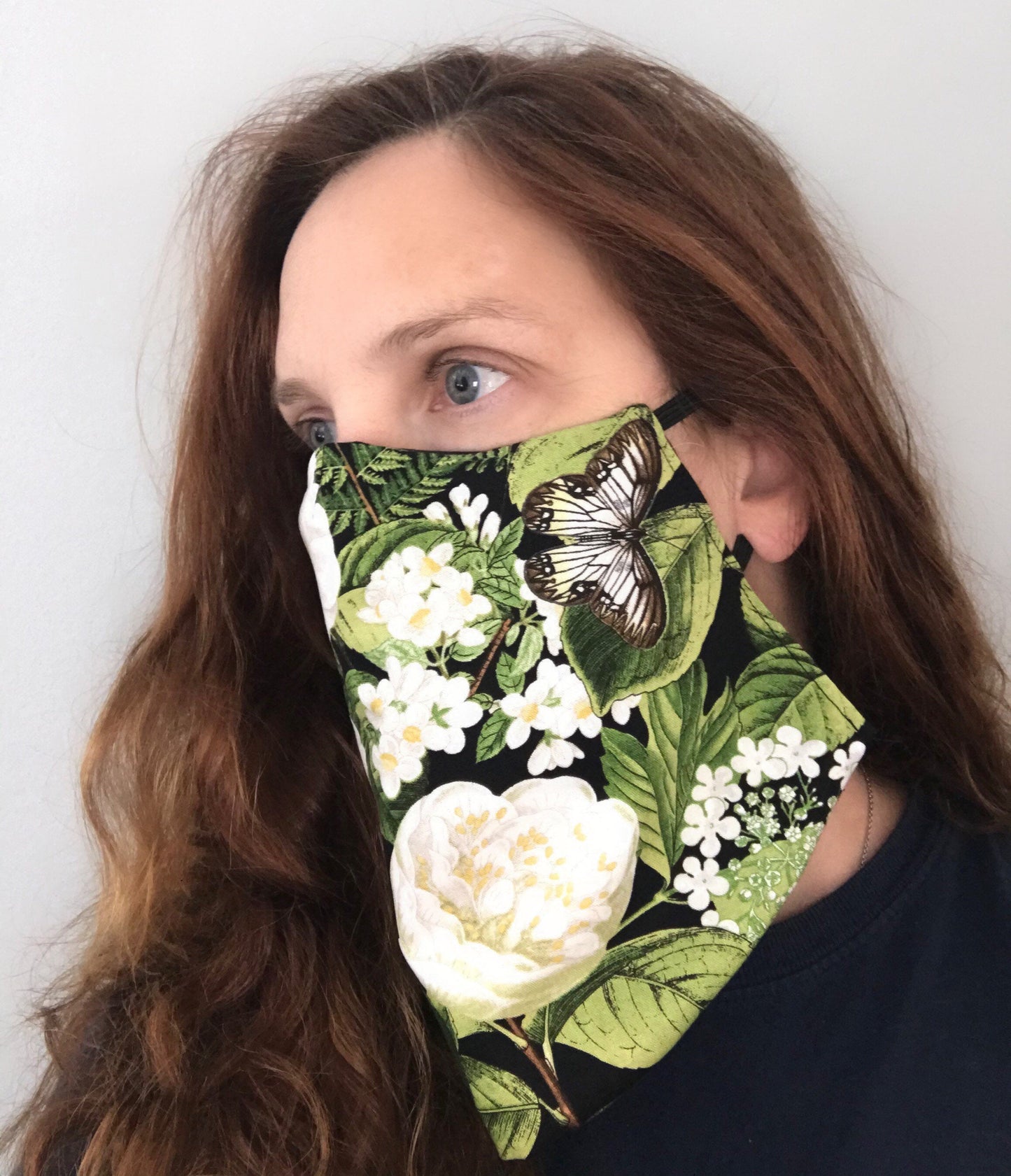 Free Shipping to USA Bold Floral Veil Mask, 100% Premium Cotton. Three layer protection. Cool, comfortable and breathable. Nose wire. Washable Filter layer.  USA made