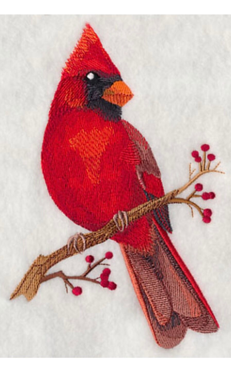 Embroidered Cardinal on Hand Towel. Beautifully Detailed Red Cardinal on Plush Cotton Hand Towel