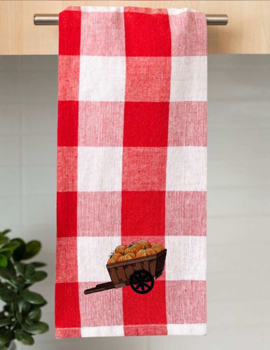 Wagon of Pumpkins Embroidered Kitchen Towel. 100% Cotton Towels