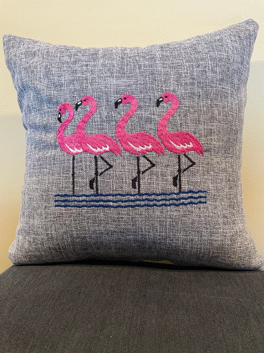 Flamingos Embroidered Throw Pillow Cover. Cotton decorative pillow cover | 16” x 16”