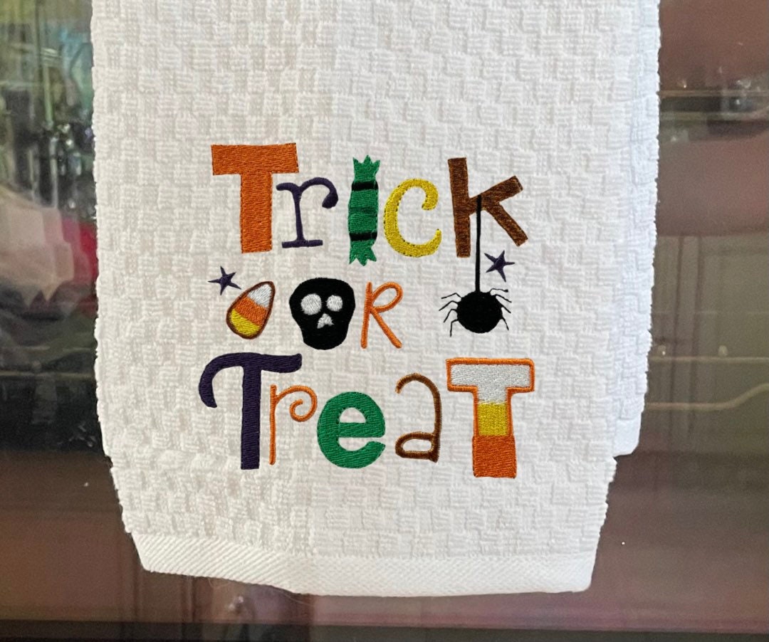 Trick or Treat Halloween Embroidered Kitchen Towel. 100% Cotton Towels