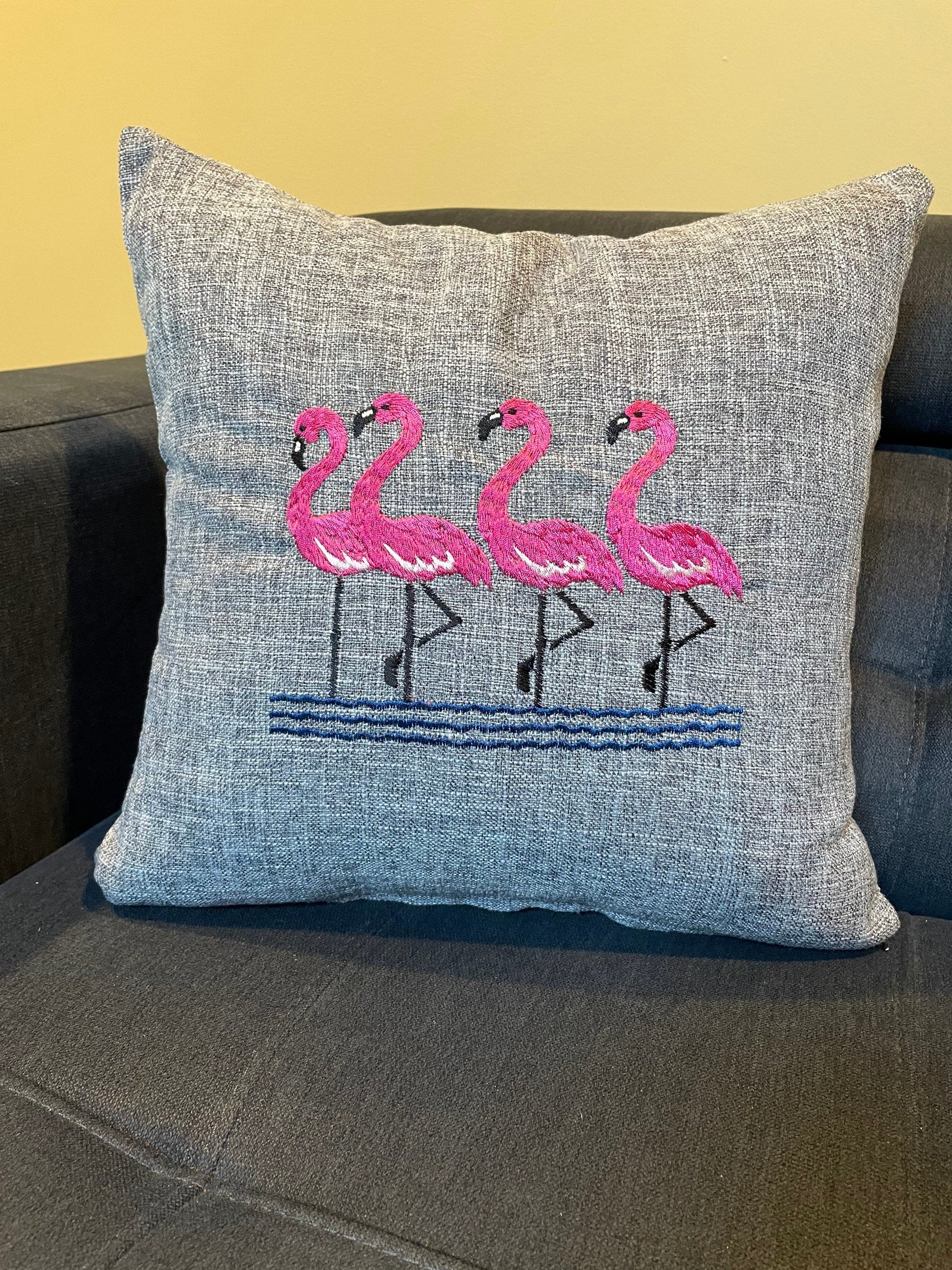 Flamingos Embroidered Throw Pillow Cover. Cotton decorative pillow cover | 16” x 16”
