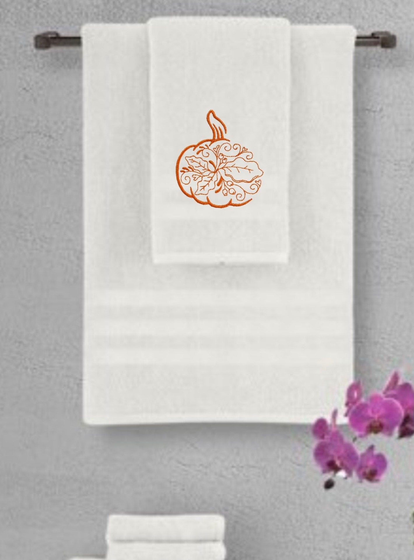 Decorative Autumn Pumpkin and Fall Leaves Embroidered Bath Towels. 100% Cotton Hand or Fingertip Towel