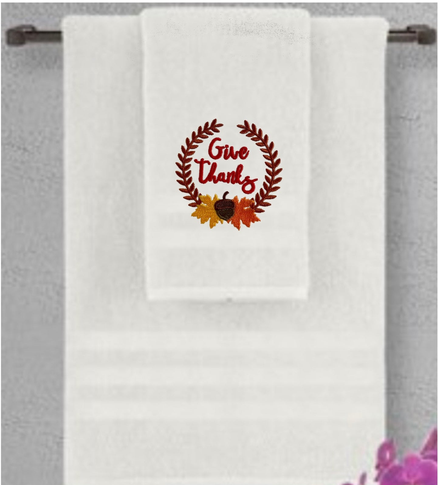 Give Thanks Fall Embroidered Bath Towels. 100% Cotton Hand or Fingertip Towel