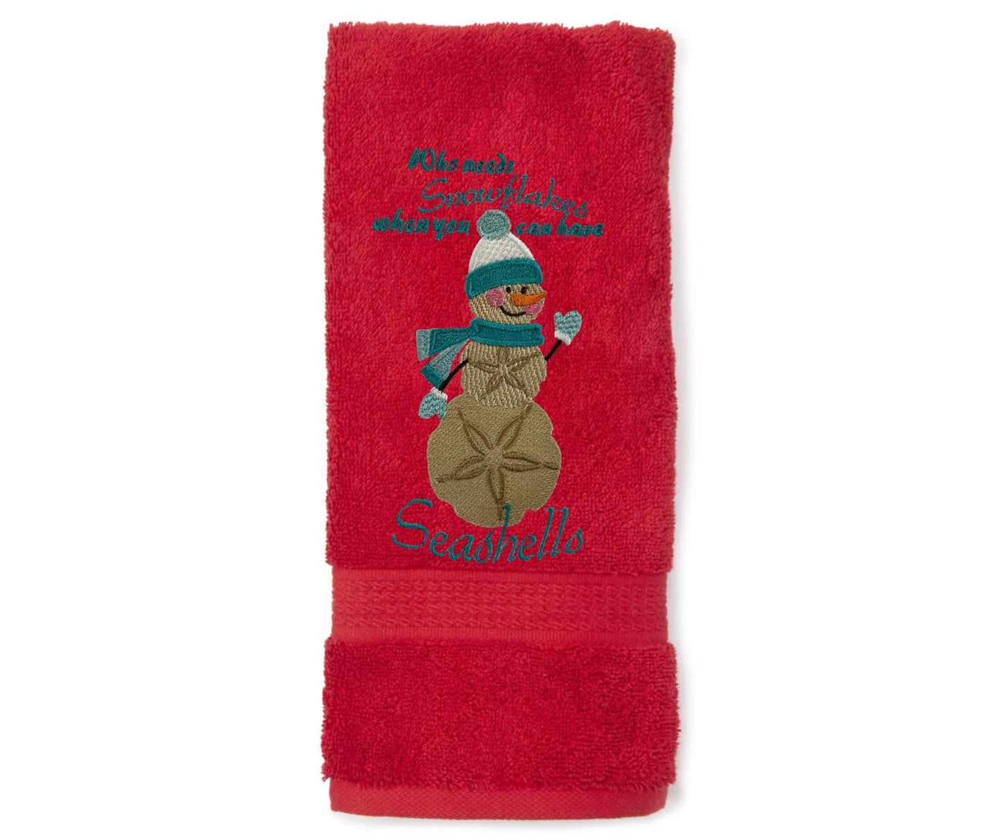 Embroidered Winter “Who Needs Snowflakes When You Have Seashells” Guest Bath Towels. 100% Plush Cotton Hand Towel