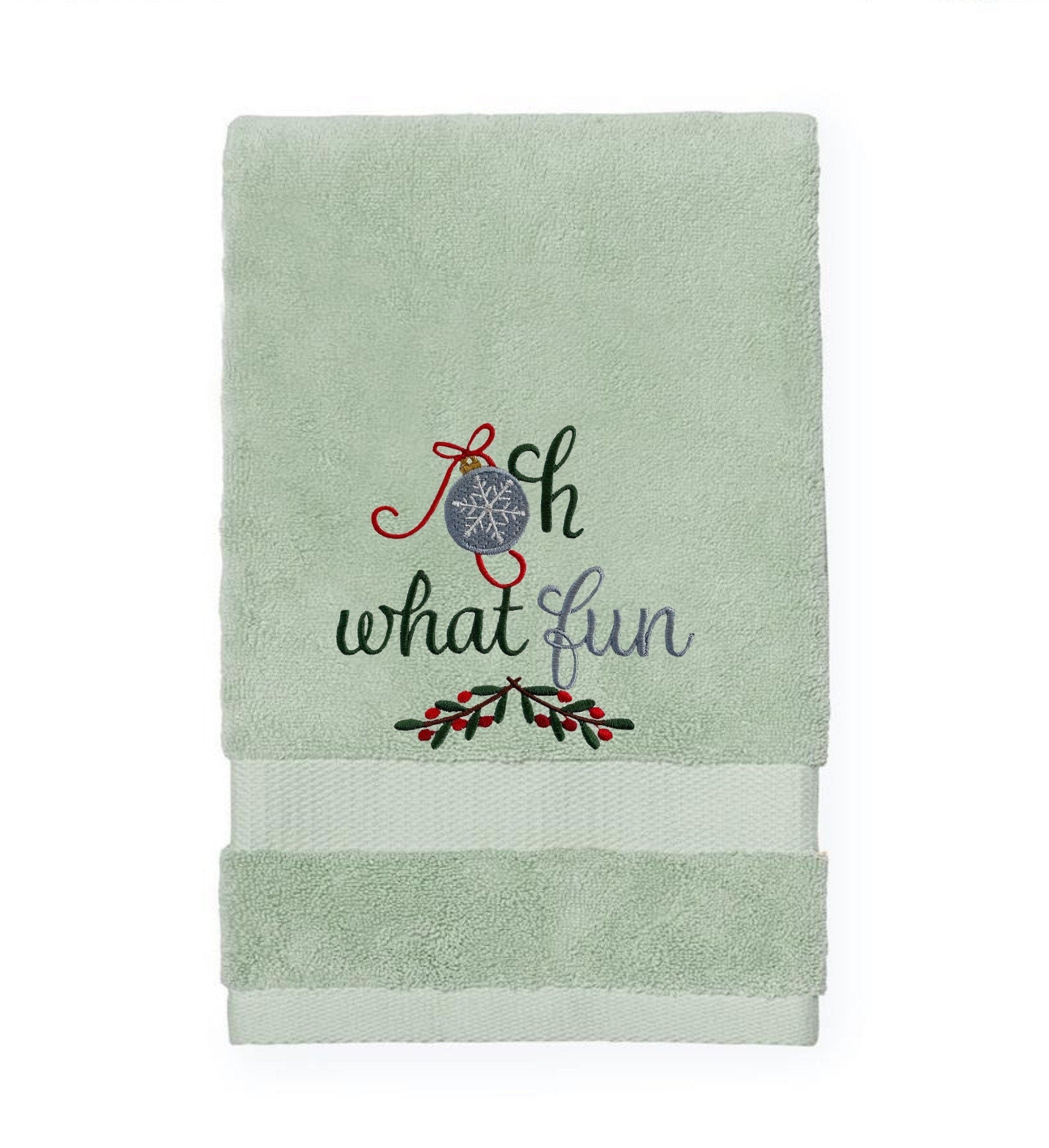 Embroidered Winter Christmas Towels “Oh What Fun” Bath Towels. 100% Plush Cotton Hand or Fingertip Towel