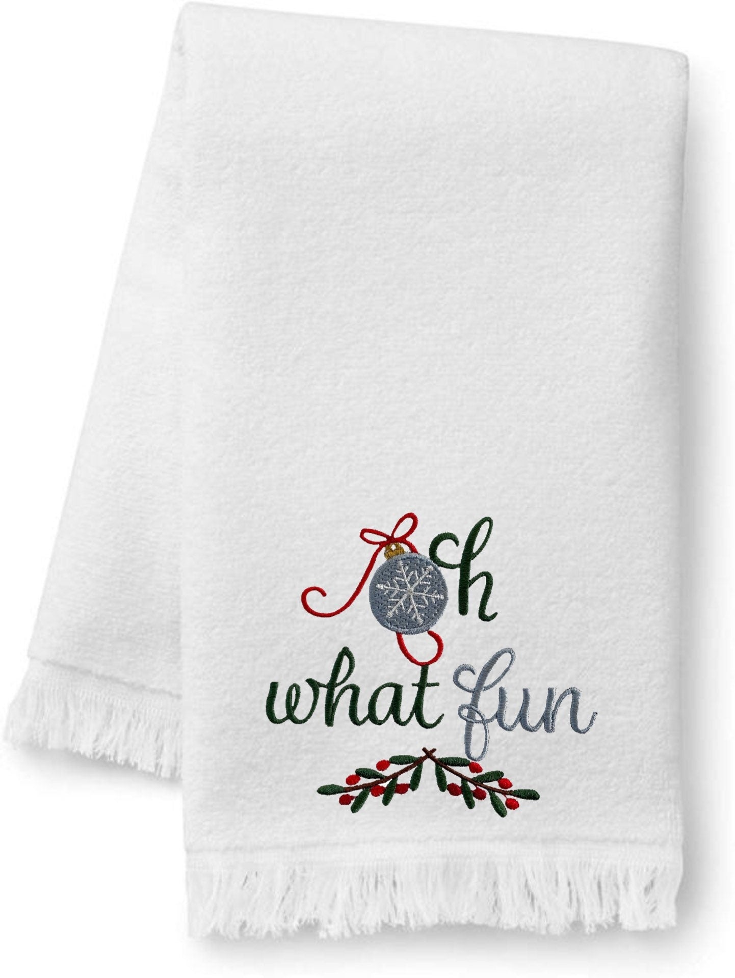 Embroidered Winter Christmas Towels “Oh What Fun” Bath Towels. 100% Plush Cotton Hand or Fingertip Towel
