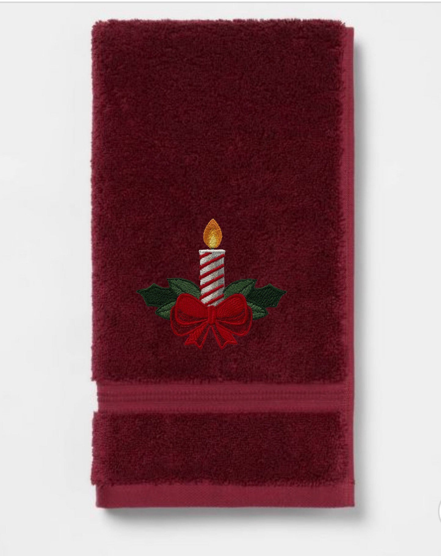 Embroidered Winter Christmas Candle Bath Towels. 100% Plush Cotton Hand or Fingertip Towel