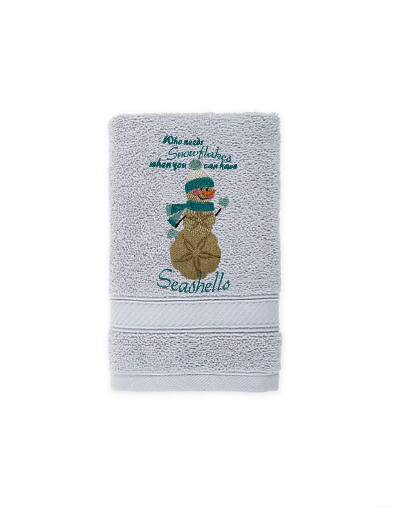 Embroidered Winter “Who Needs Snowflakes When You Have Seashells” Guest Bath Towels. 100% Plush Cotton Hand Towel