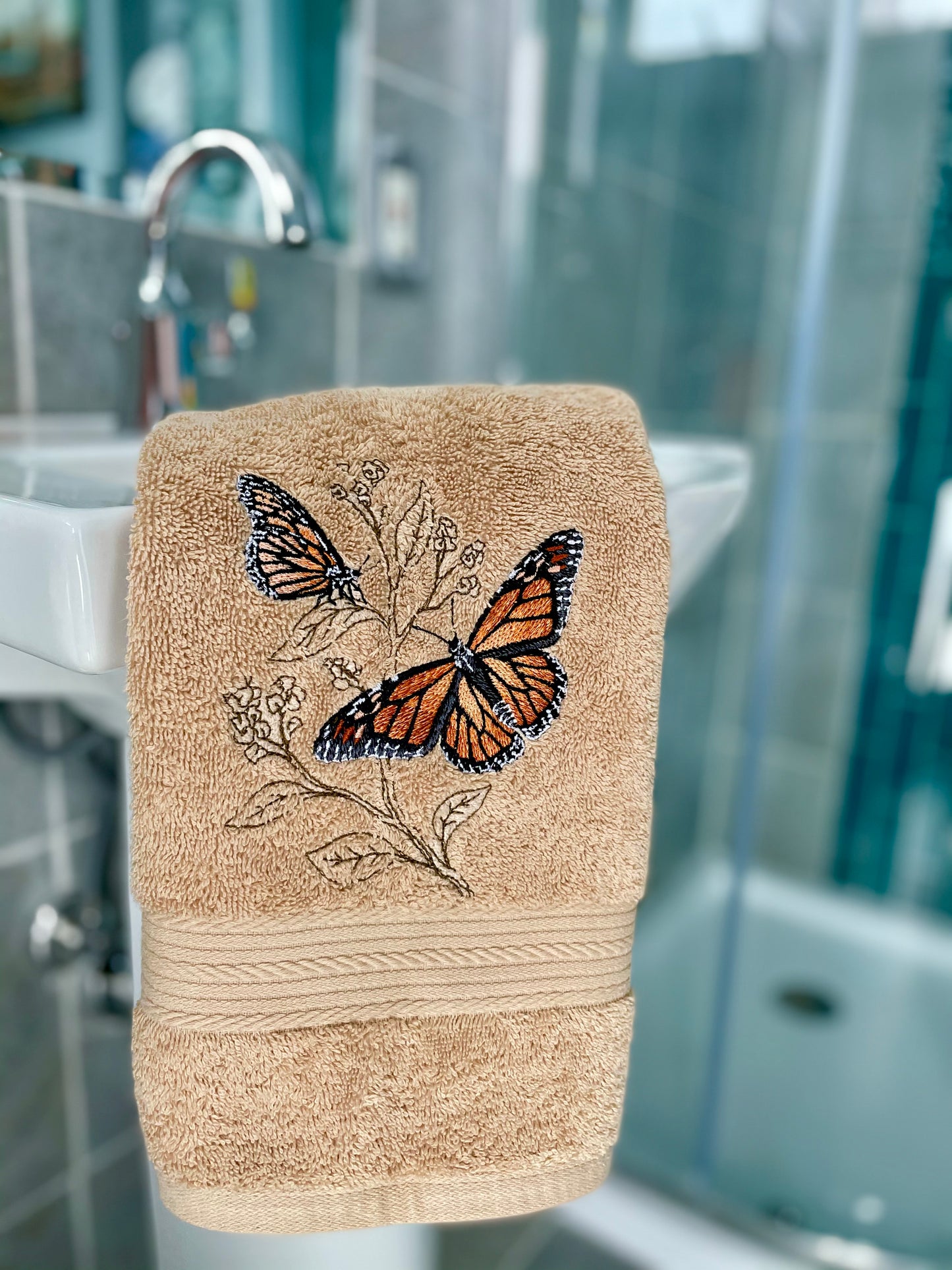 Butterflies Embroidered Bath Hand Towel