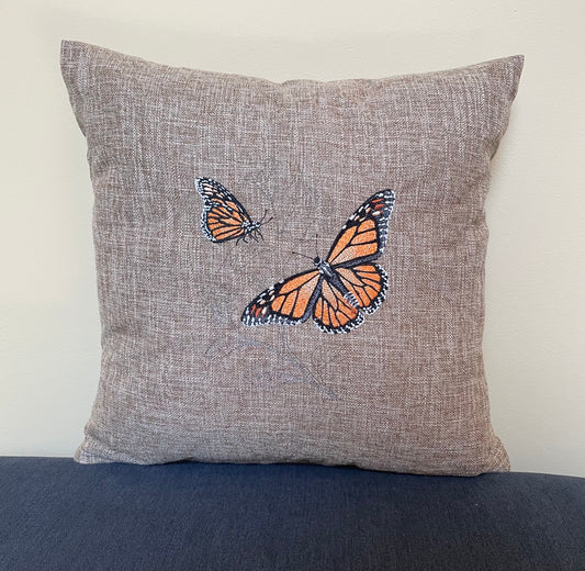 Monarch Butterfly Embroidered Throw Pillow Cover 16" x 16" Cotton