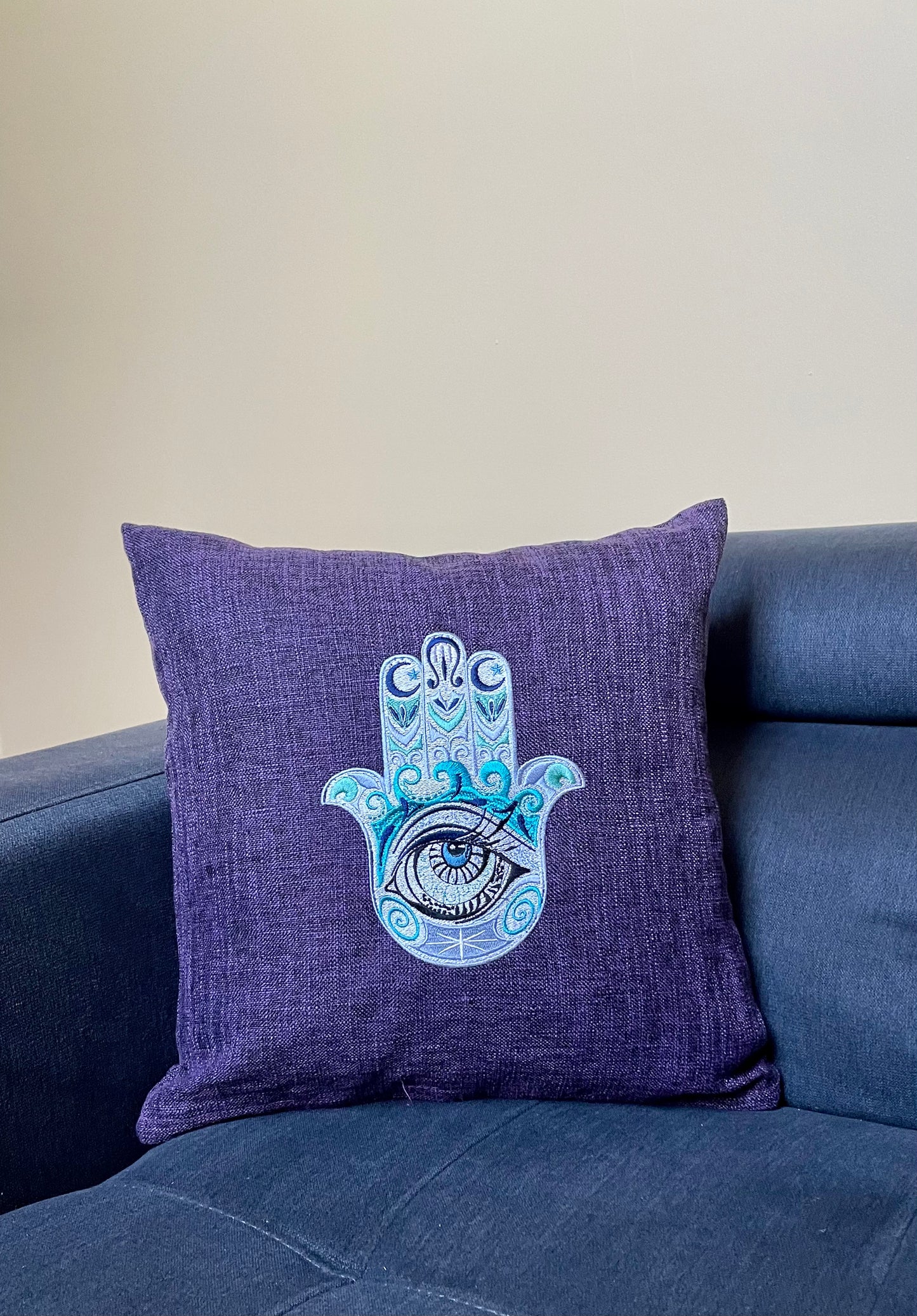 Hamsa with Eye Throw Pillow Cover 16" x 16" Cotton. Embroidered Decorative pillow Cover