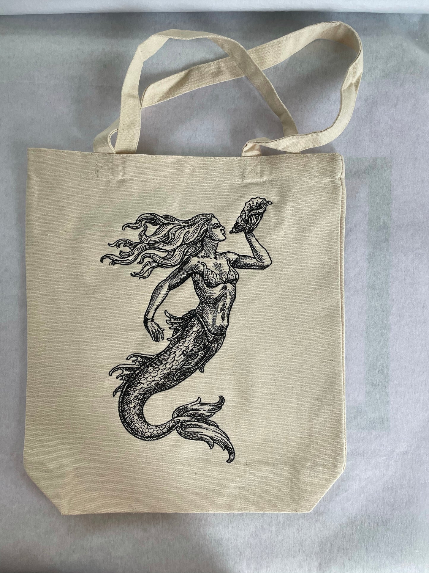 Mermaid Embroidered Cotton Canvas Tote Bag