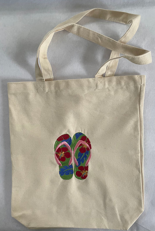 Flip Flops Embroidered Cotton Canvas Tote Bag