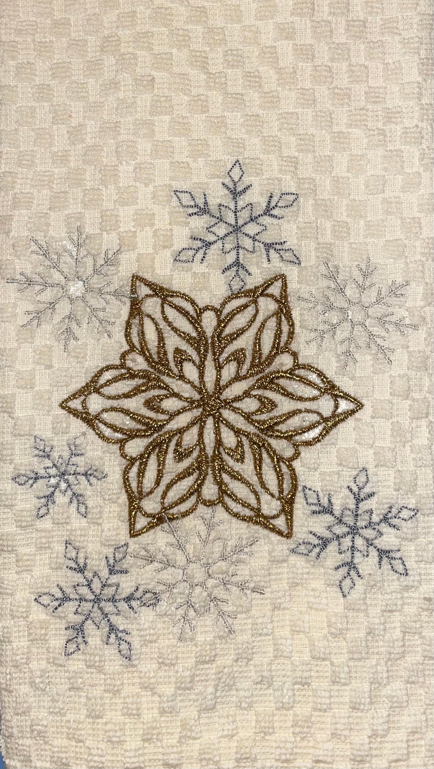 Embroidered Gold and Silver Snowflakes Kitchen Towel