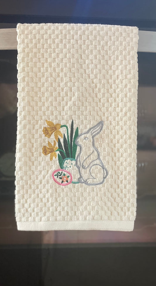 Easter Rabbit with Daffodils Embroidered Towel. Embroidered on Kitchen or Guest Bath Hand Towels