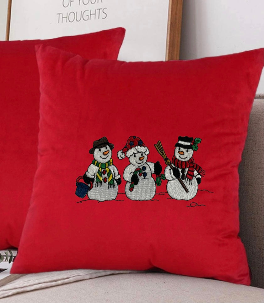 Snowmen Embroidered Throw Pillow Cover 18" x 18” Cotton or Velvet Accent Pillow Cover Zip Closure.