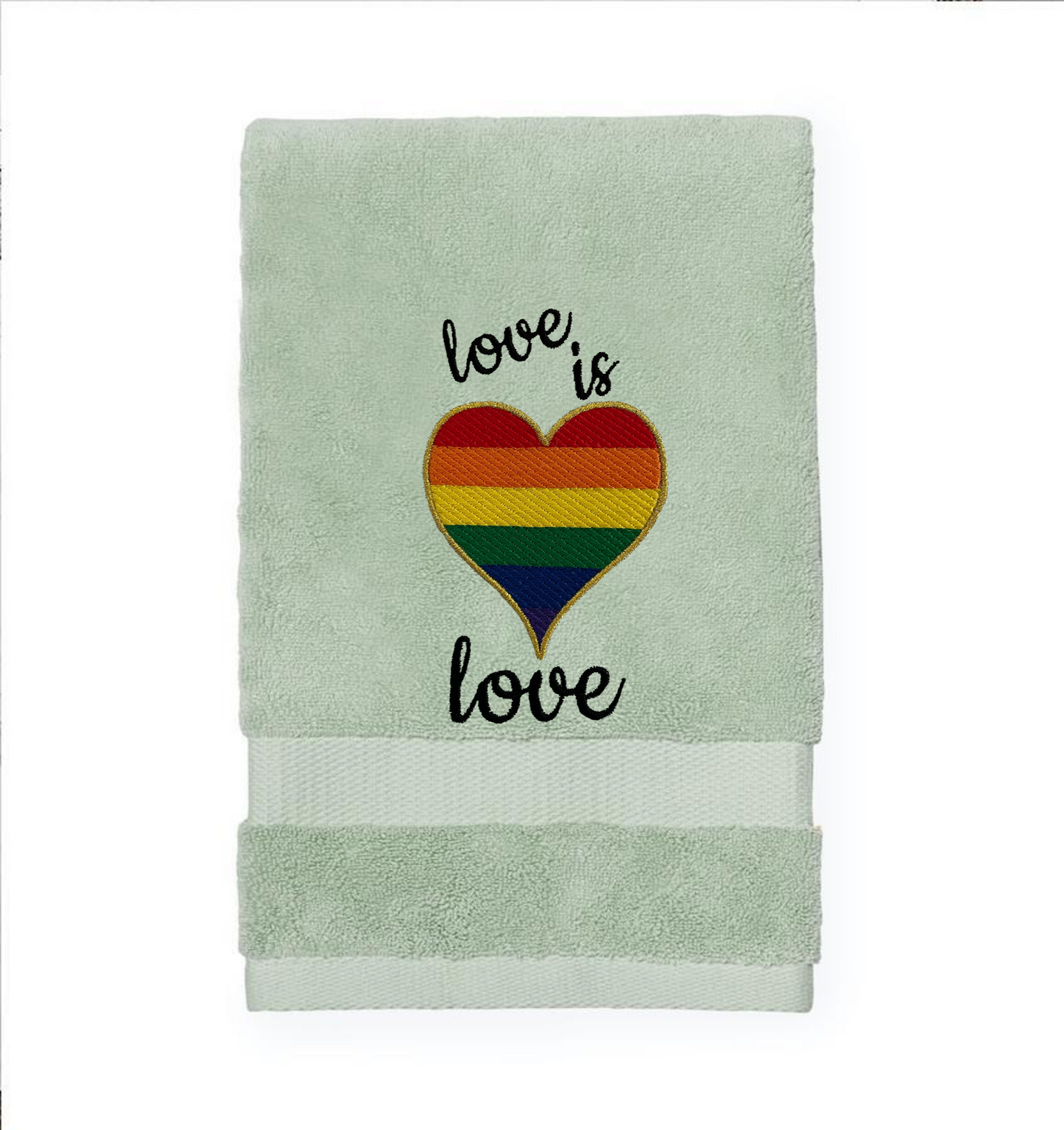 Rainbow Heart Love is Love Embroidered Guest Bath Hand Towel.