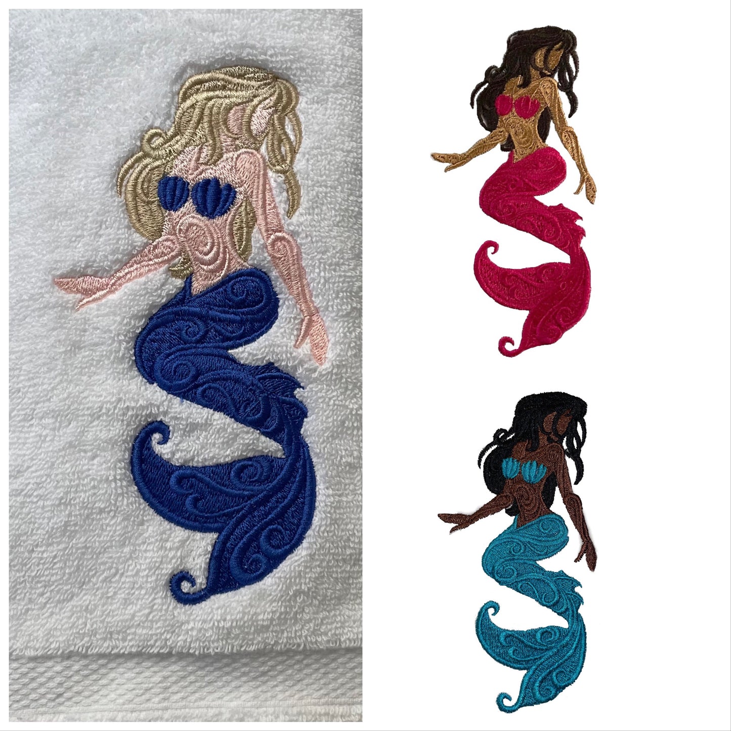 Mermaid Embroidered Bath Hand Towel. 3 Shades of Skin Color Available