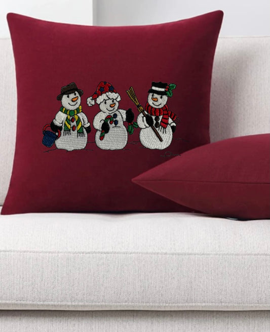 Snowmen Embroidered Throw Pillow Cover 18" x 18” Cotton or Velvet Accent Pillow Cover Zip Closure.