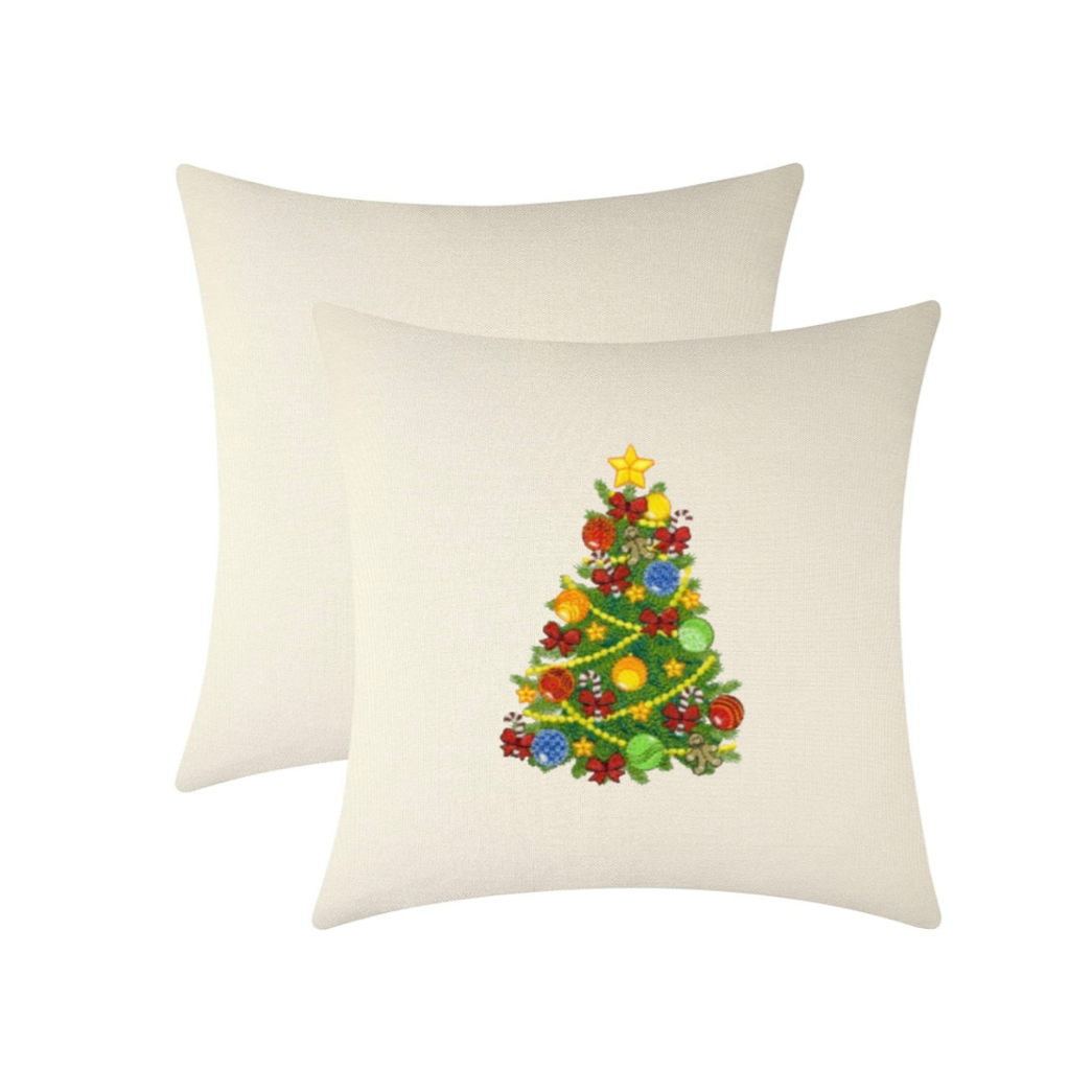 Christmas Tree Embroidered Throw Pillow Cover 18" x 18” Cotton or Velvet Accent Pillow Cover Zip Closure.