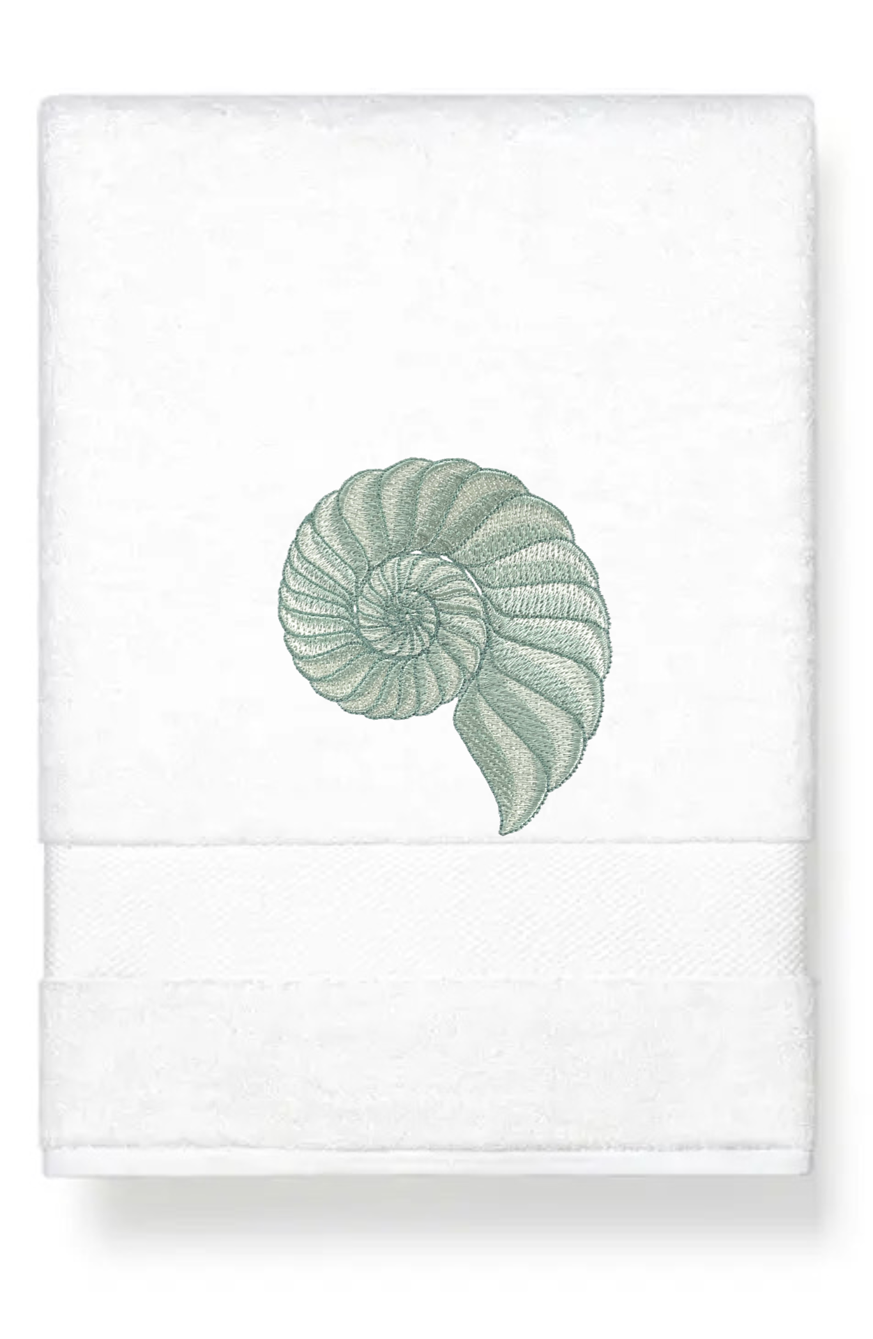 Embroidered Nautilus Shell Hand Towel. Elegant Nautilus in Beige or Green Embroidery with choice of towel color