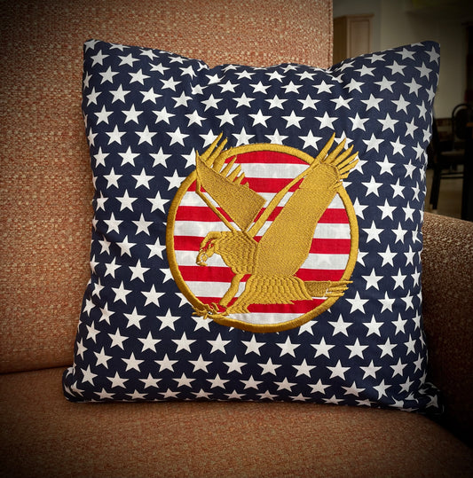 Patriotic Eagle Stars and Stripes Throw Pillow Cover. Embroidered Eagle on Cotton Decorative Pillow Cover