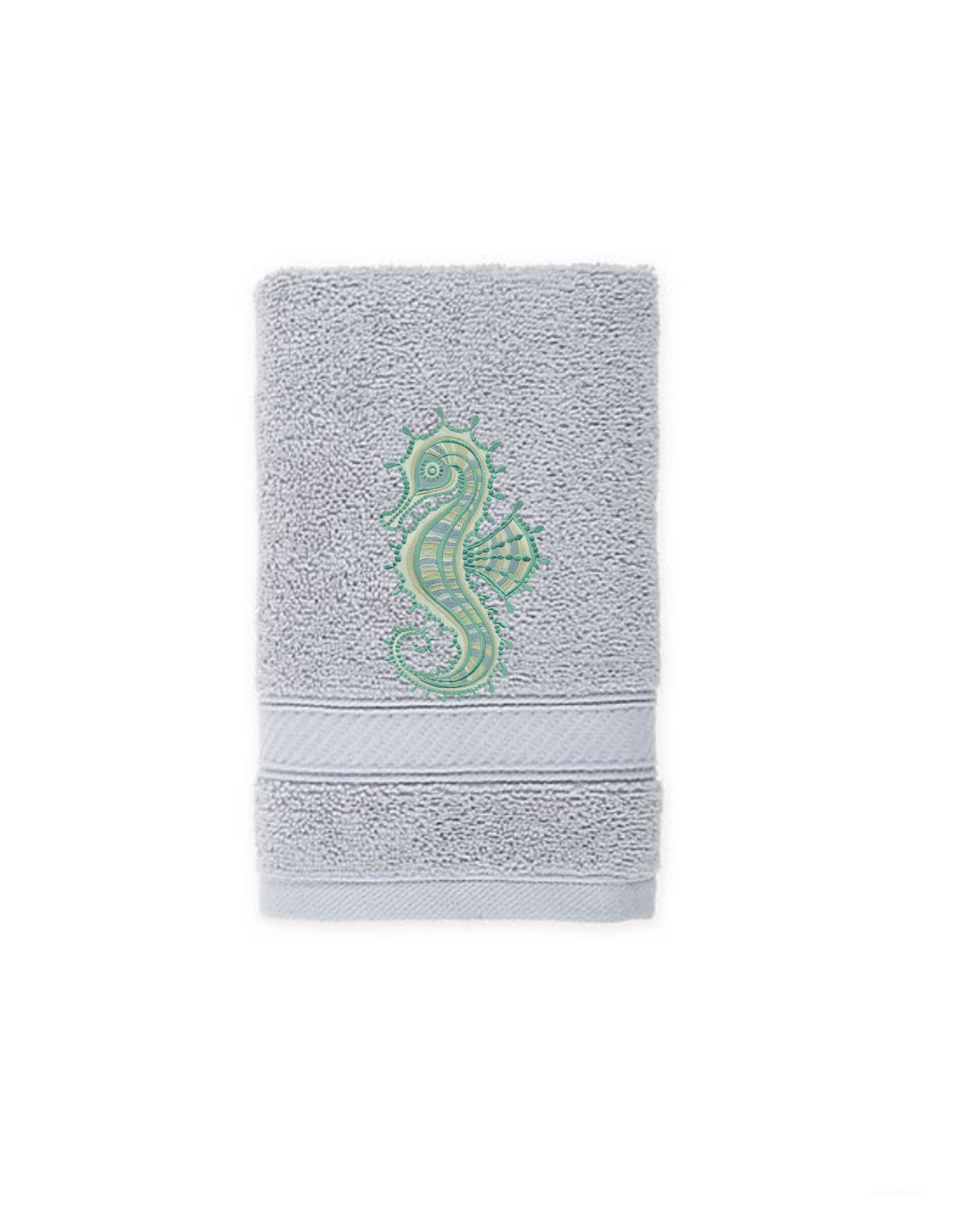Seahorse Embroidered Bath Hand Towel. Gorgeous Ocean  Seahorse in Green Shades