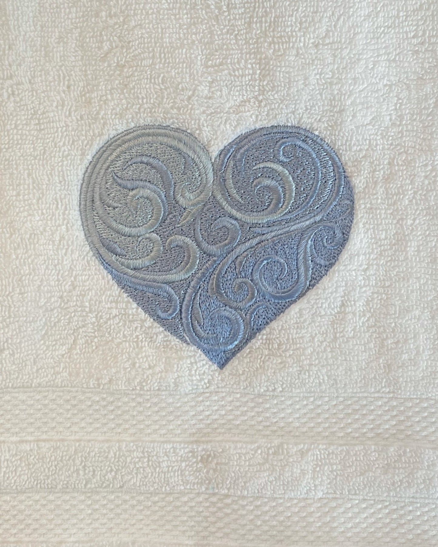 Heart Embroidered Guest Bath Hand Towel. Beautiful Baroque Heart in shades of Blue