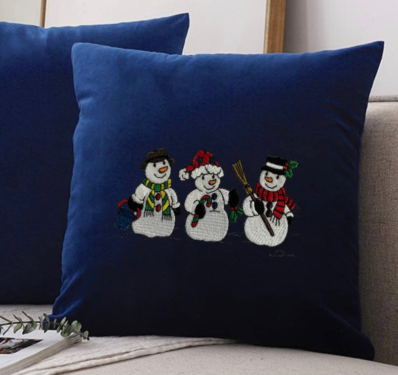 Snowmen Embroidered Throw Pillow Cover 18" x 18” Cotton or Velvet Accent Pillow Cover Zip Closure.