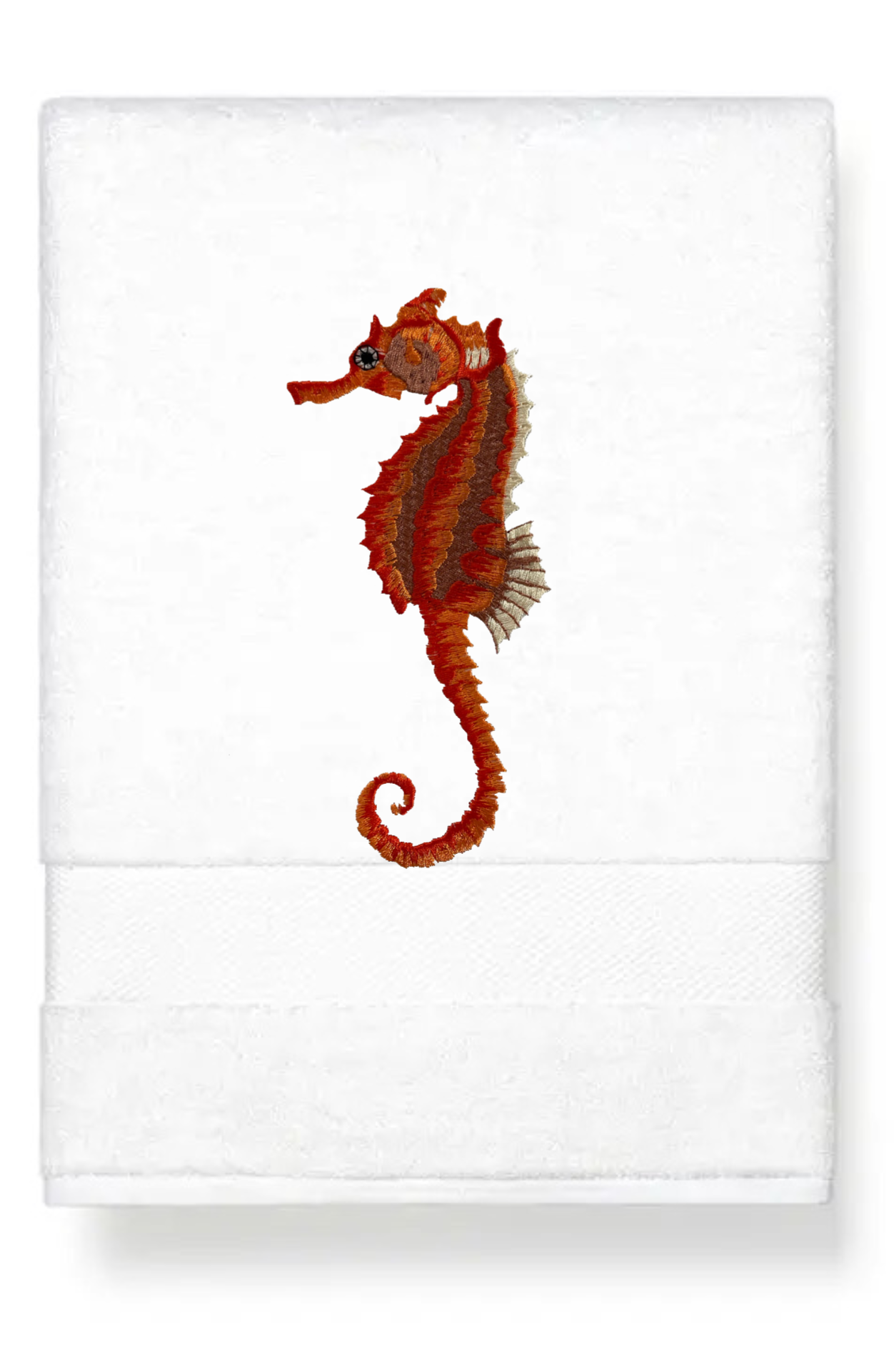 Seahorse Embroidered Bath Hand Towel. Beautifully Detailed Vibrant Orange Shades