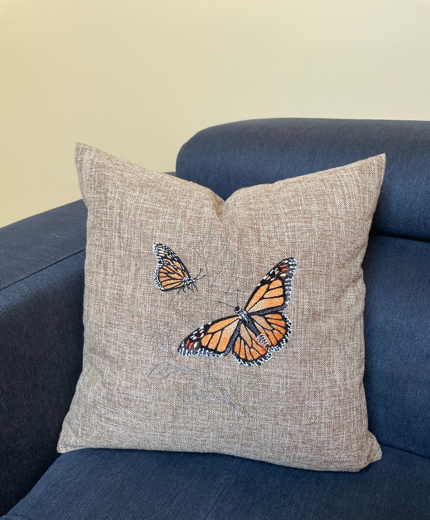 Monarch Butterfly Embroidered Throw Pillow Cover 16" x 16" Cotton