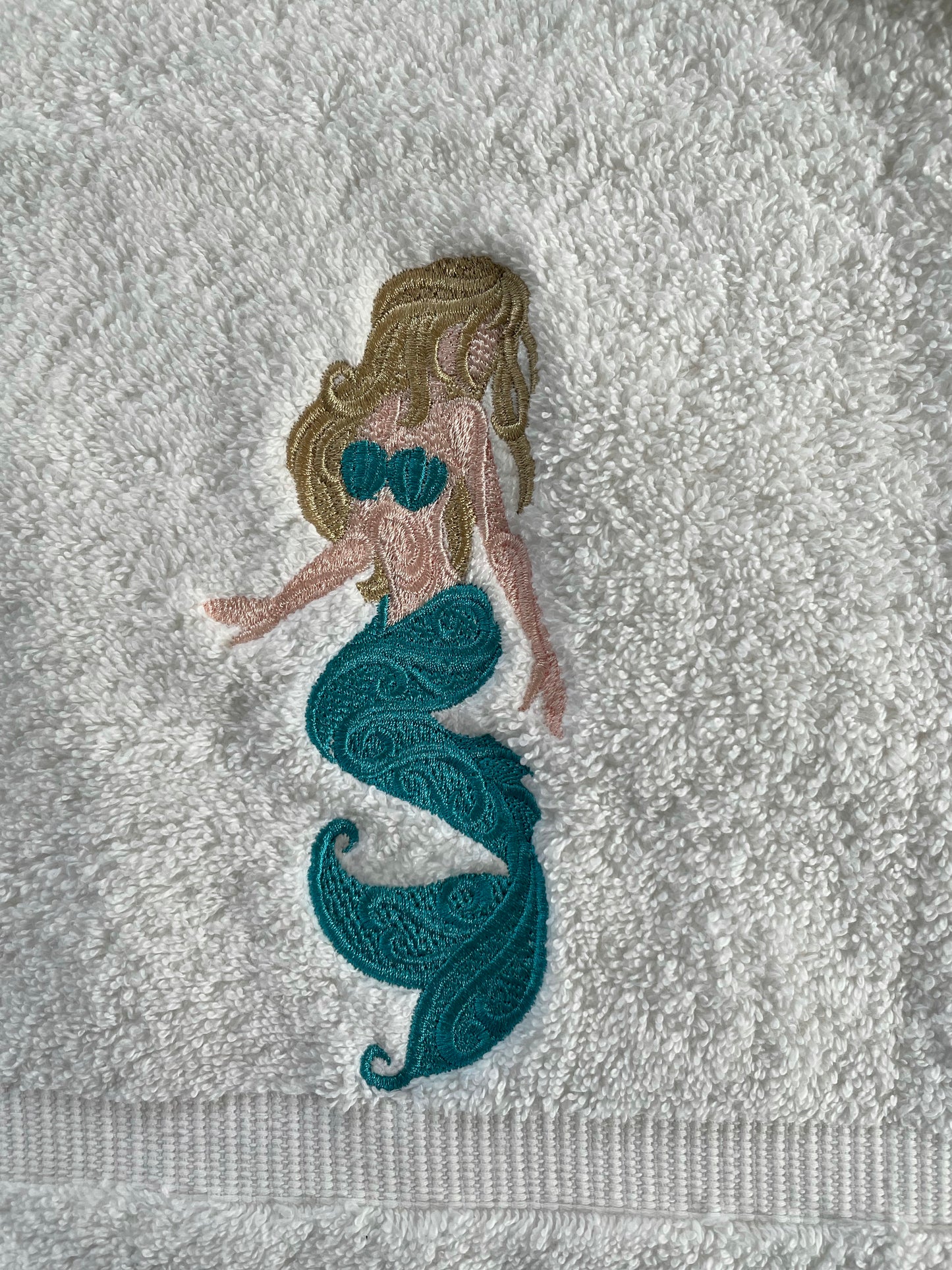 Mermaid Embroidered Bath Hand Towel. 3 Shades of Skin Color Available