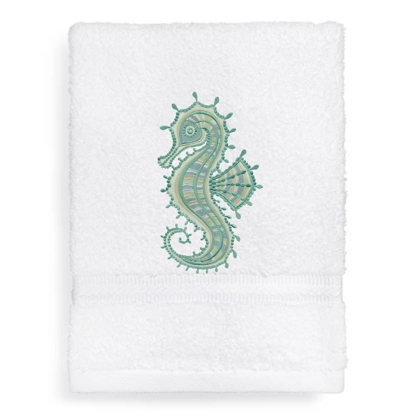 Seahorse Embroidered Bath Hand Towel. Gorgeous Ocean  Seahorse in Green Shades