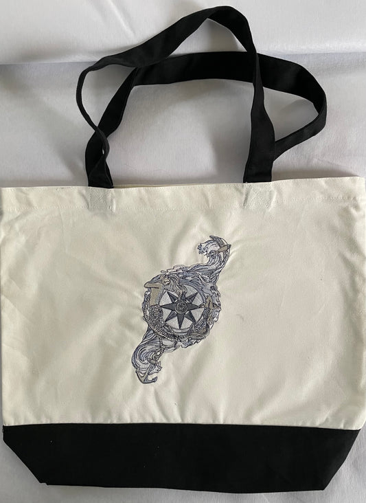 Mermaid With Compass Embroidered Cotton Canvas Tote Bag