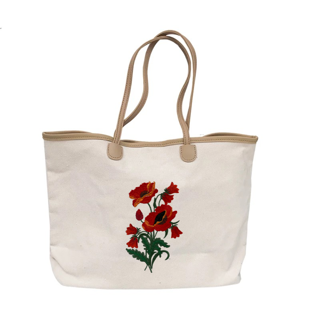Poppies Embroidered Cotton Canvas Market Bag. Choice of 5 different bags