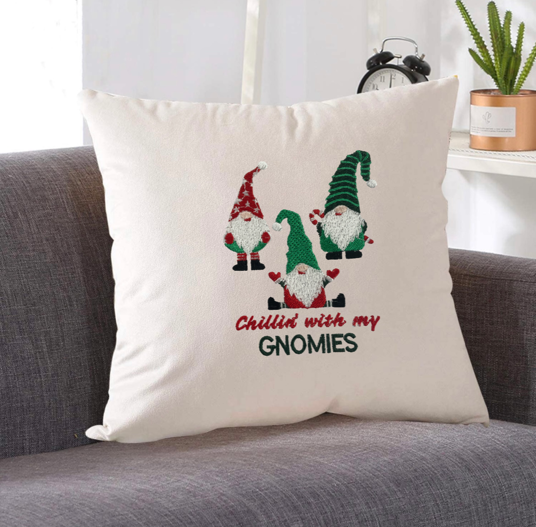 Christmas Gnomes Embroidered Throw Pillow Cover 18" x 18” Cotton or Velvet Accent Pillow Cover Zip Closure.