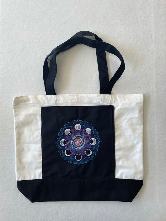 Cosmic Moon Phases with Pocket Embroidered Cotton Canvas Tote Bag