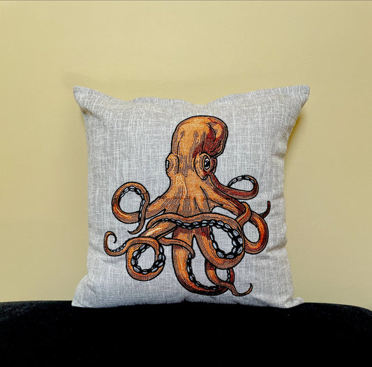 Octopus Throw Pillow Cover 16” x 16” Cotton Cover Zip Closure. Embroidered Octopus