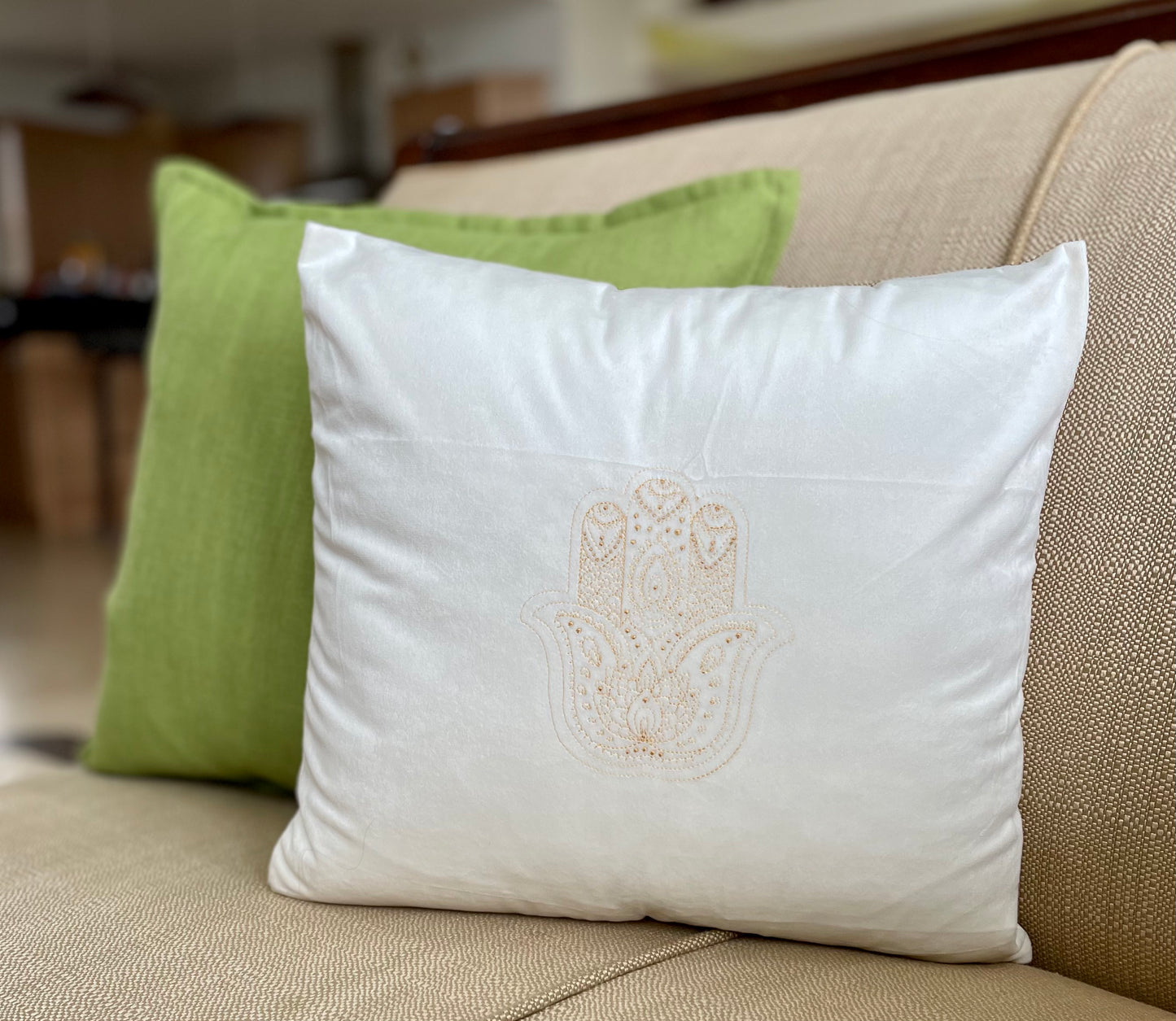 Hamsa Throw Pillow Cover  Soft Velvet Accent Pillow with Embroidered Detail