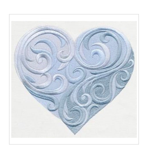 Heart Embroidered Guest Bath Hand Towel. Beautiful Baroque Heart in shades of Blue